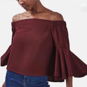 Topshop Ella Off The Shoulder Top Blouse Maroon Burgundy Flare Bell Sleeve Sz 6